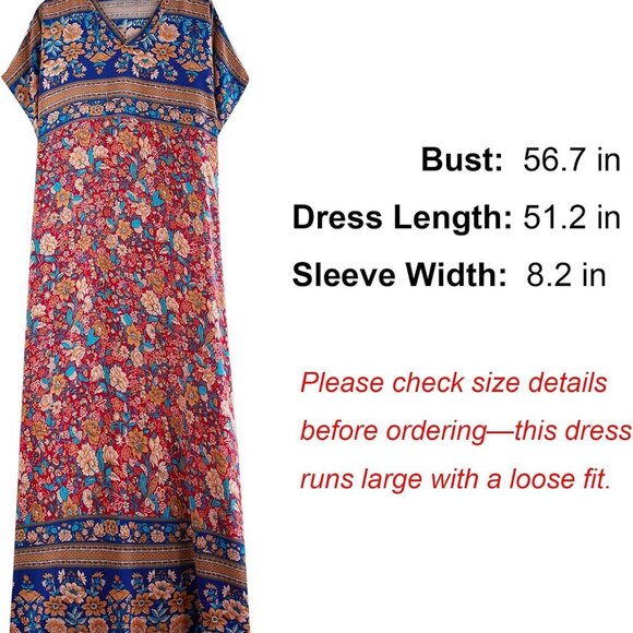 Plus Size Summer Floral Dress V Neck Loose Fit Pockets Casual Max Fashion - Picture 2 of 7